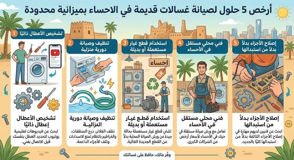 أرخص 5 حلول لصيانة غسالات قديمة في الأحساء بميزانية محدودة