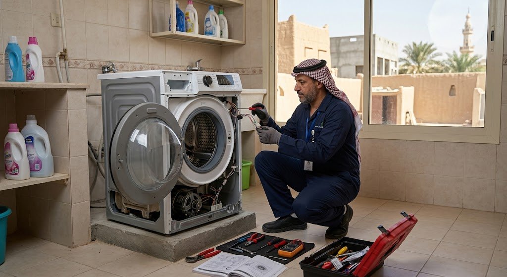 فني صيانة محترف يقوم بفحص وإصلاح غسالة ملابس أوتوماتيكية باستخدام أحدث الأدوات داخل منزل في حي الحزم بالأحساء لضمان عودتها للعمل بكفاءة