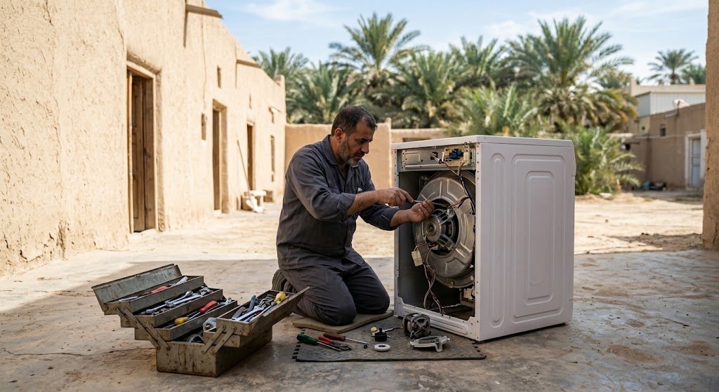 فني خبير يقوم بتشخيص وإصلاح عطل فني في غسالة ملابس أوتوماتيكية داخل منزل بمحافظة الأحساء باستخدام معدات متطورة لضمان عودتها للعمل بكفاءة